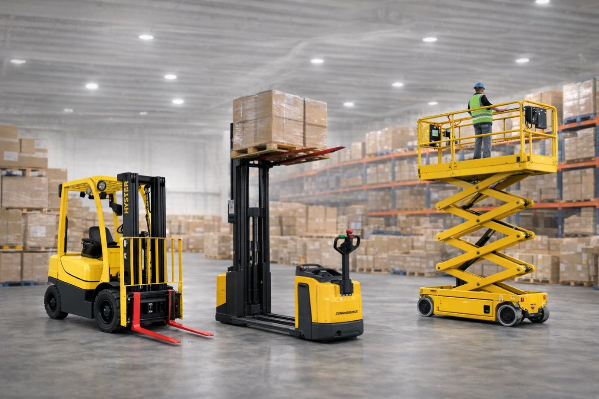 Maquinaria de elevación industrial utilizada en almacenes para manejo de cargas